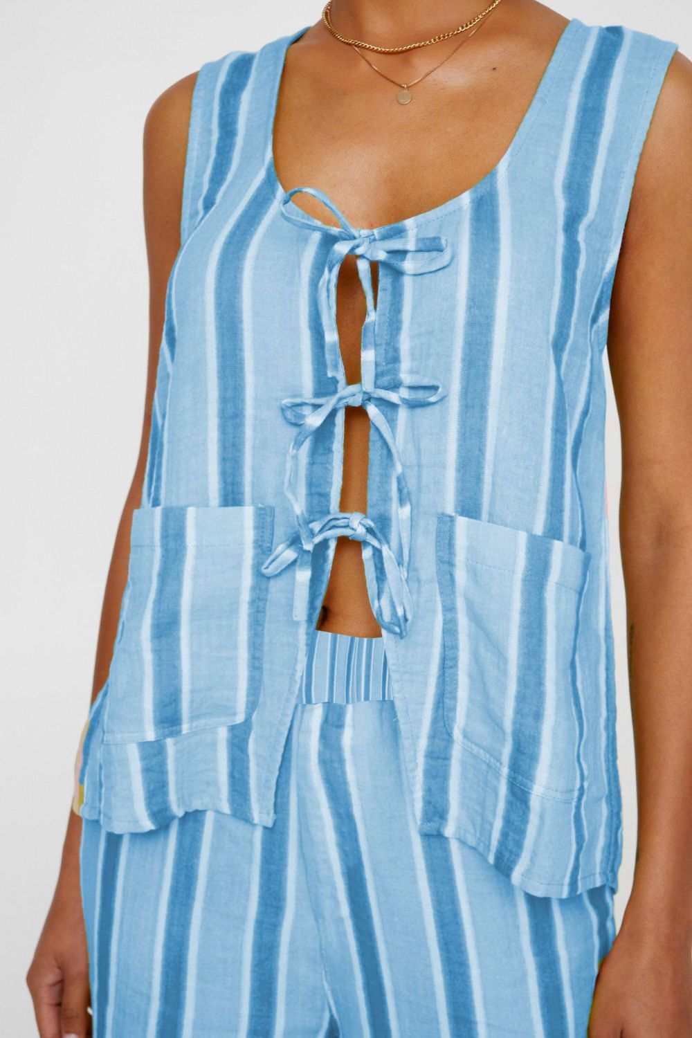 Tied Front Striped Top and Pants Set - MyEmpired