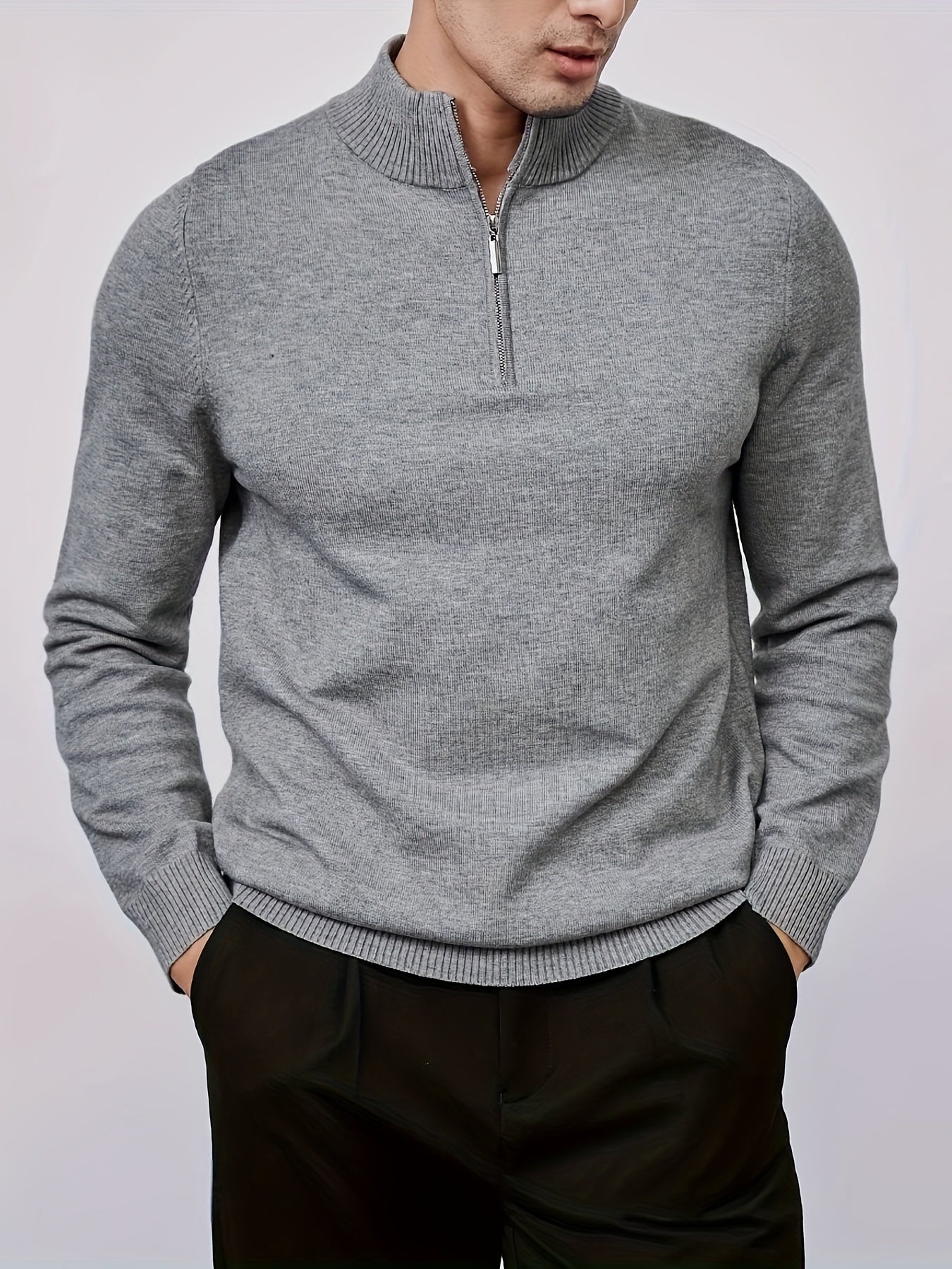 Men's Loose Solid Knitted Pullover, Casual Long Sleeve Half Zipper Sweater For Fall Winter