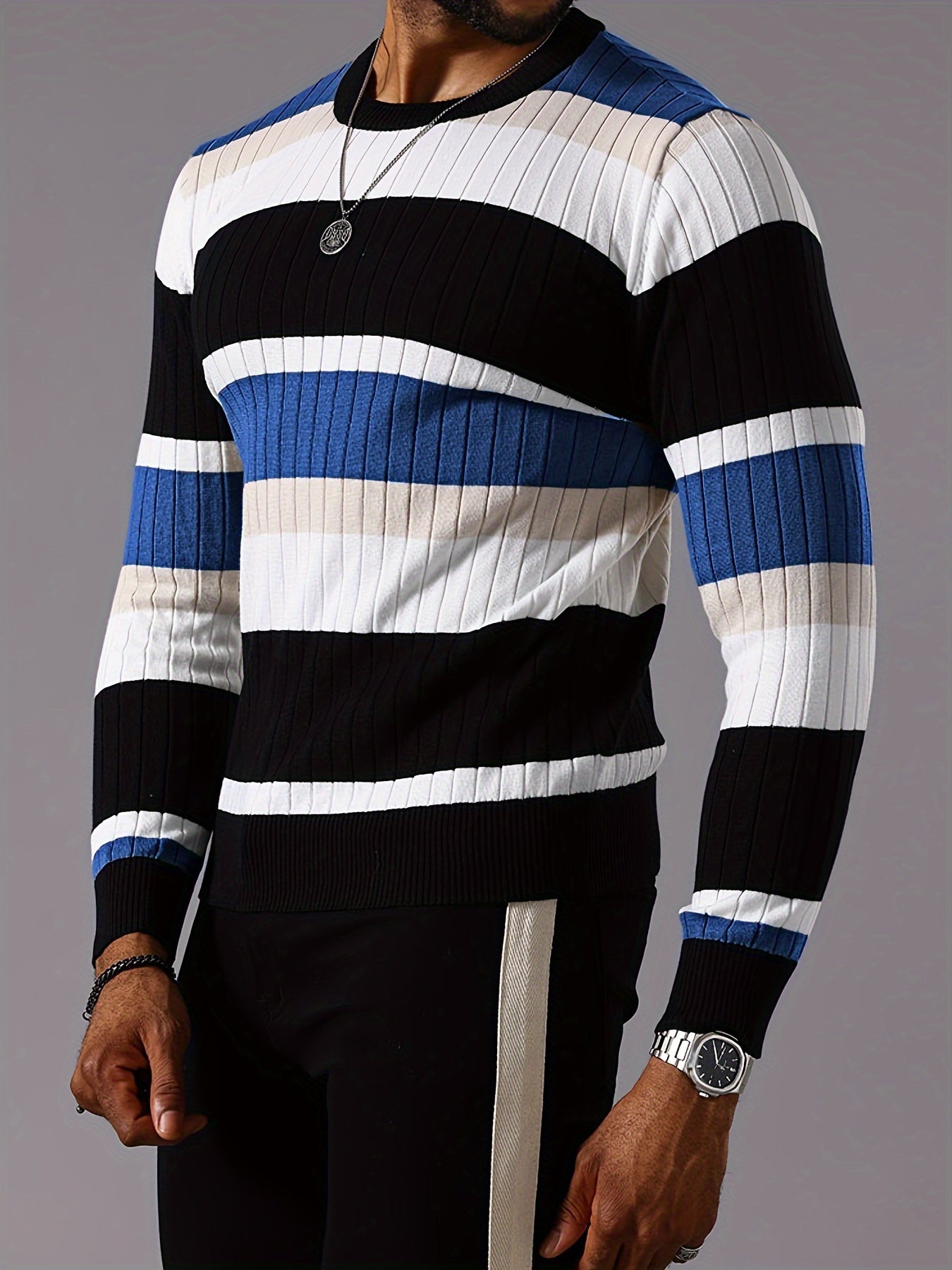 Men's Casual Striped Color Block Long Sleeve Knit Pullover - Round Neck, Machine Washable, Striped, Round Neck, Long Sleeve, Knit Sweater