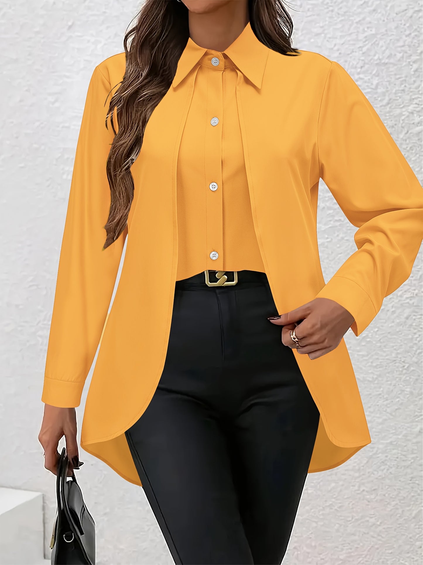 Solid Color Button Front Shirt, Elegant Long Sleeve Shirt For Spring & Fall, Women's Clothing