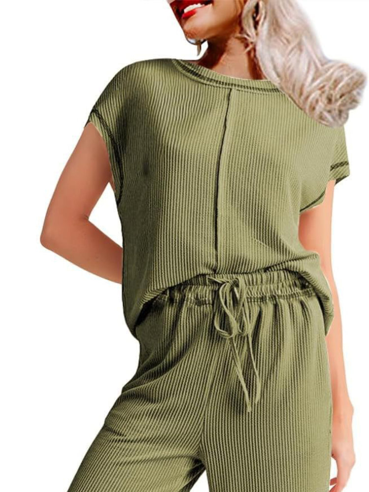 Ribbed Exposed Seam Top and Pants Set - MyEmpired