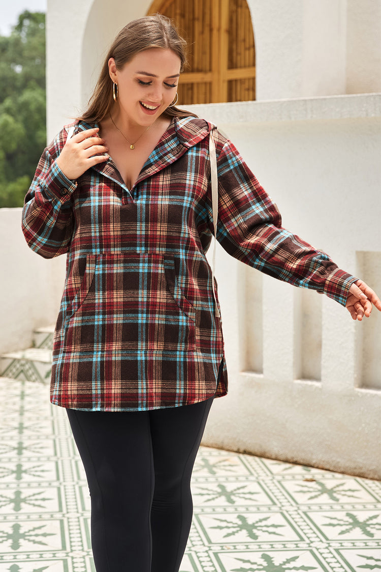 Plus Size Drawstring Plaid Quarter Button Hoodie - MyEmpired