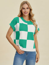 Double Take Full Size Checkered Round Neck Short Sleeve Sweater - MyEmpired