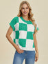 Double Take Full Size Checkered Round Neck Short Sleeve Sweater - MyEmpired