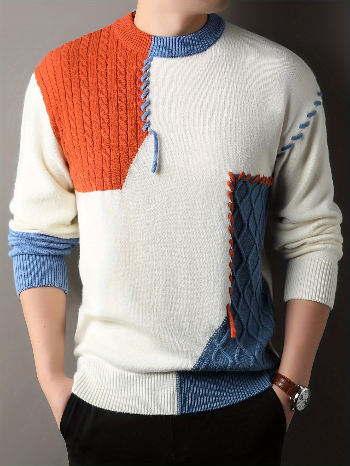 1pc Men'S Korean Style Crew Neck Sweater, Casual Striped Pattern, Rib-Knit, Slight Stretch, Loose Fit, Acrylic Knit Fabric, Thick Warm Patchwork Pullover for Fall/Winter - Fashionable Color Block Base Layer Top [12422]