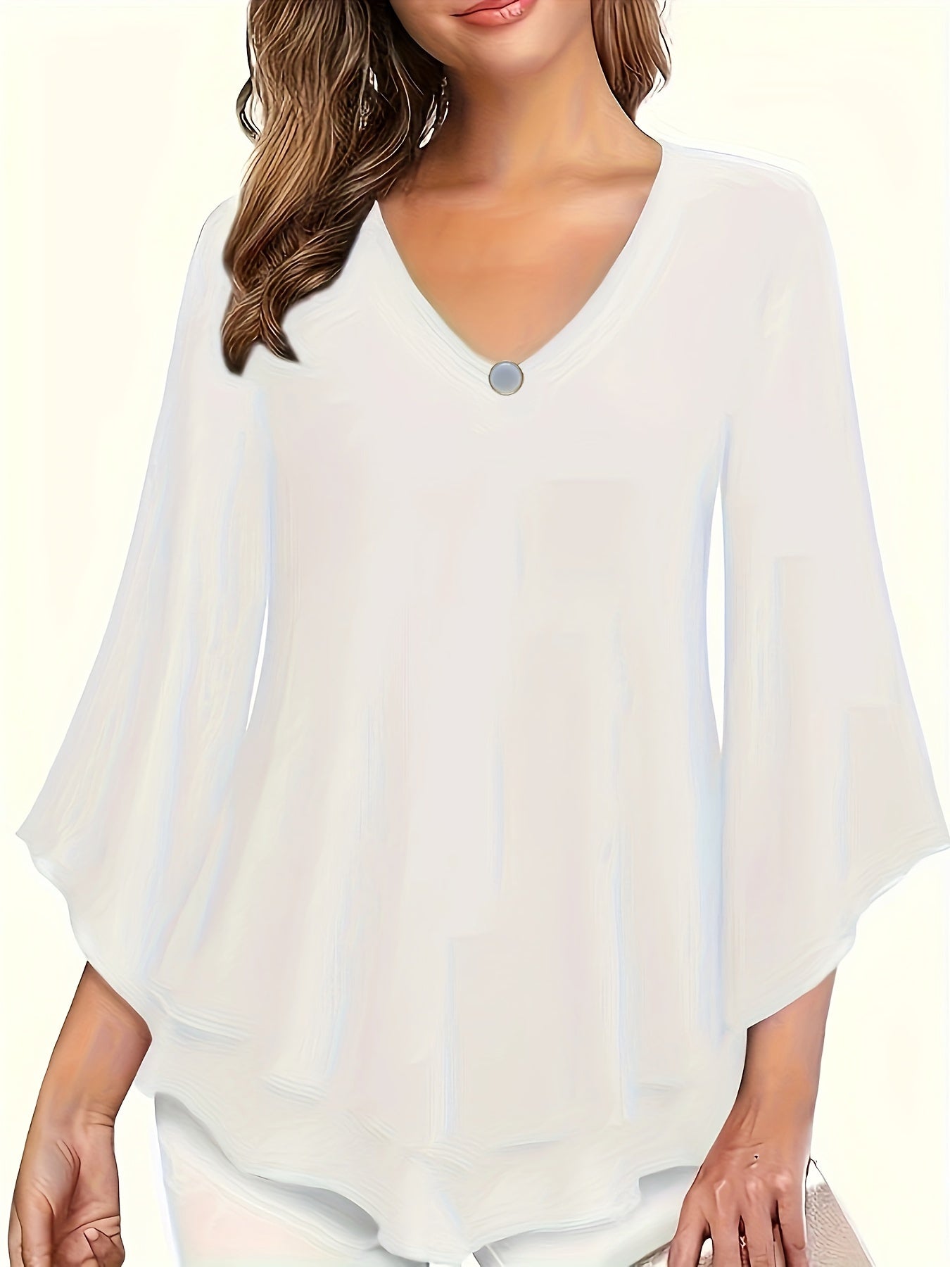 Solid Color V-neck Blouse, Casual Flare Sleeve Layered Hem Top For Spring & Fall, Women's Clothing