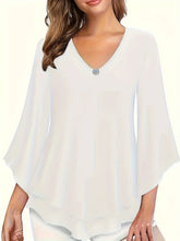 Solid Color V-neck Blouse, Casual Flare Sleeve Layered Hem Top For Spring & Fall, Women&