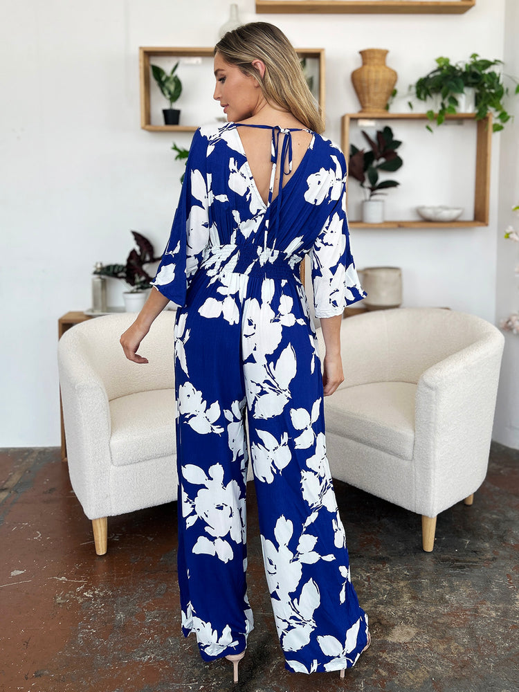 Double Take Full Size Printed Tie Back Wide Leg Jumpsuit - MyEmpired