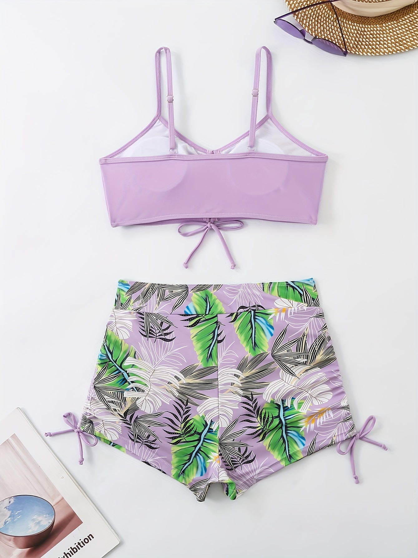 Tropical Leaf Print V Neck High Waist Bikini Sets, Drawstring Spaghetti Straps Boxer Short Bottoms Two Pieces Swimsuit, Women's Swimwear & Clothing