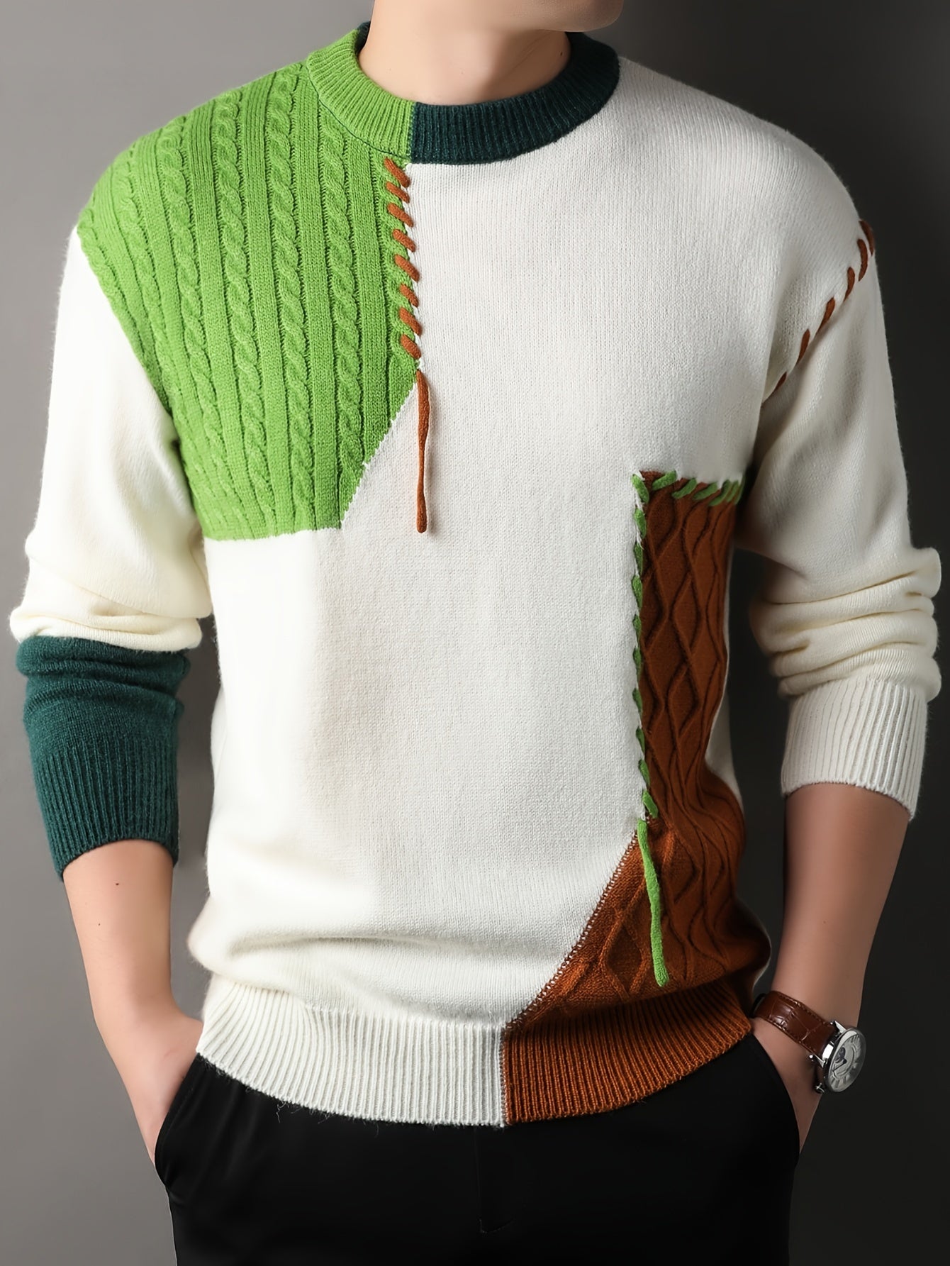 1pc Men'S Korean Style Crew Neck Sweater, Casual Striped Pattern, Rib-Knit, Slight Stretch, Loose Fit, Acrylic Knit Fabric, Thick Warm Patchwork Pullover for Fall/Winter - Fashionable Color Block Base Layer Top [12422]