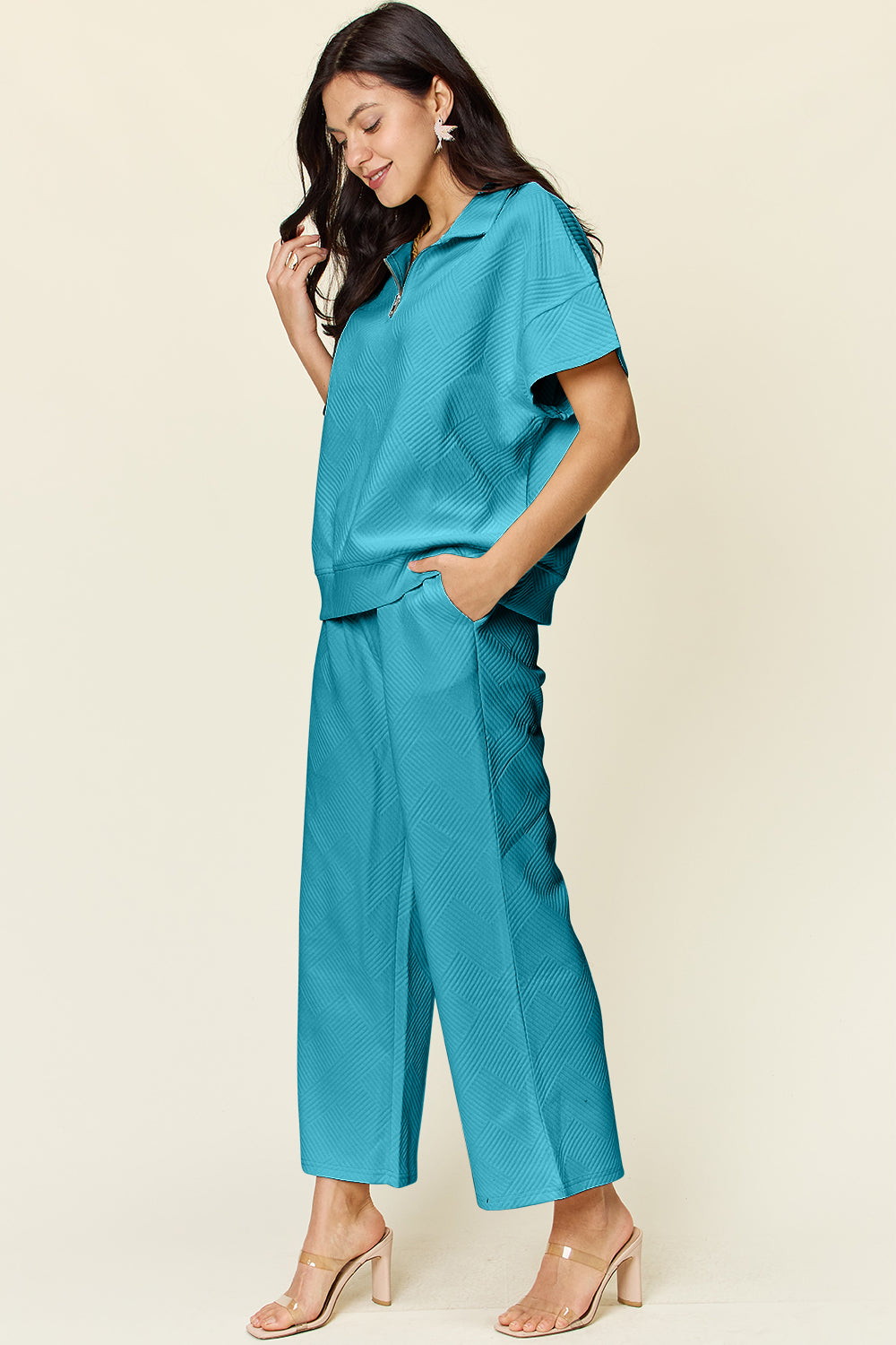 Double Take Full Size Texture Half Zip Short Sleeve Top and Pants Set - MyEmpired