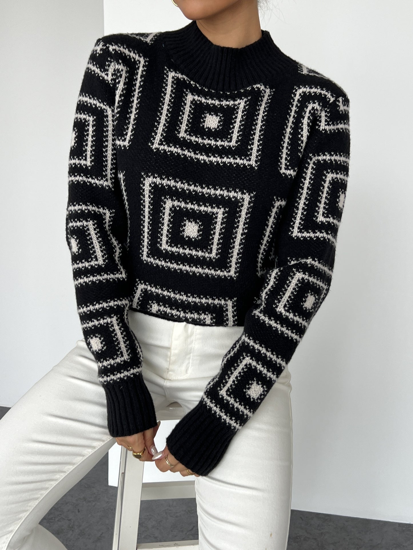 Geometric Pattern Mock Neck Sweater, Elegant Long Sleeve Sweater For Fall & Winter, Women's Clothing