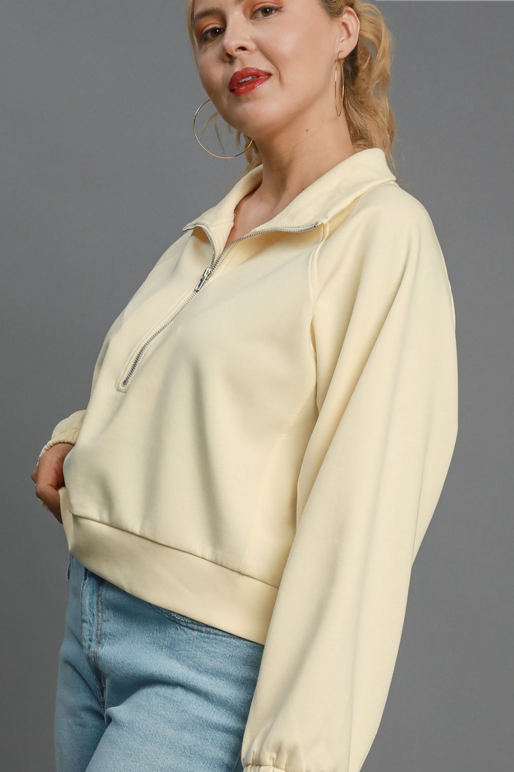 Umgee Full Size Half Zip Cropped Sweatshirt Plus Size - MyEmpired
