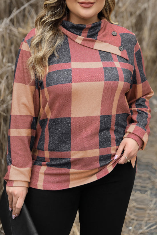 Plus Size Plaid Cowl Neck Long Sleeve Sweatshirt - MyEmpired
