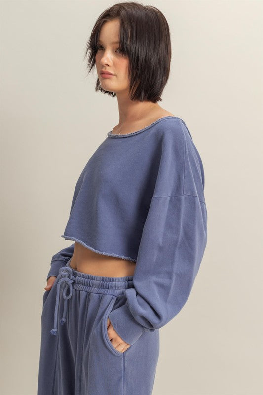 HYFVE Frayed Detail Boat Neck Long Sleeve Crop Top - MyEmpired