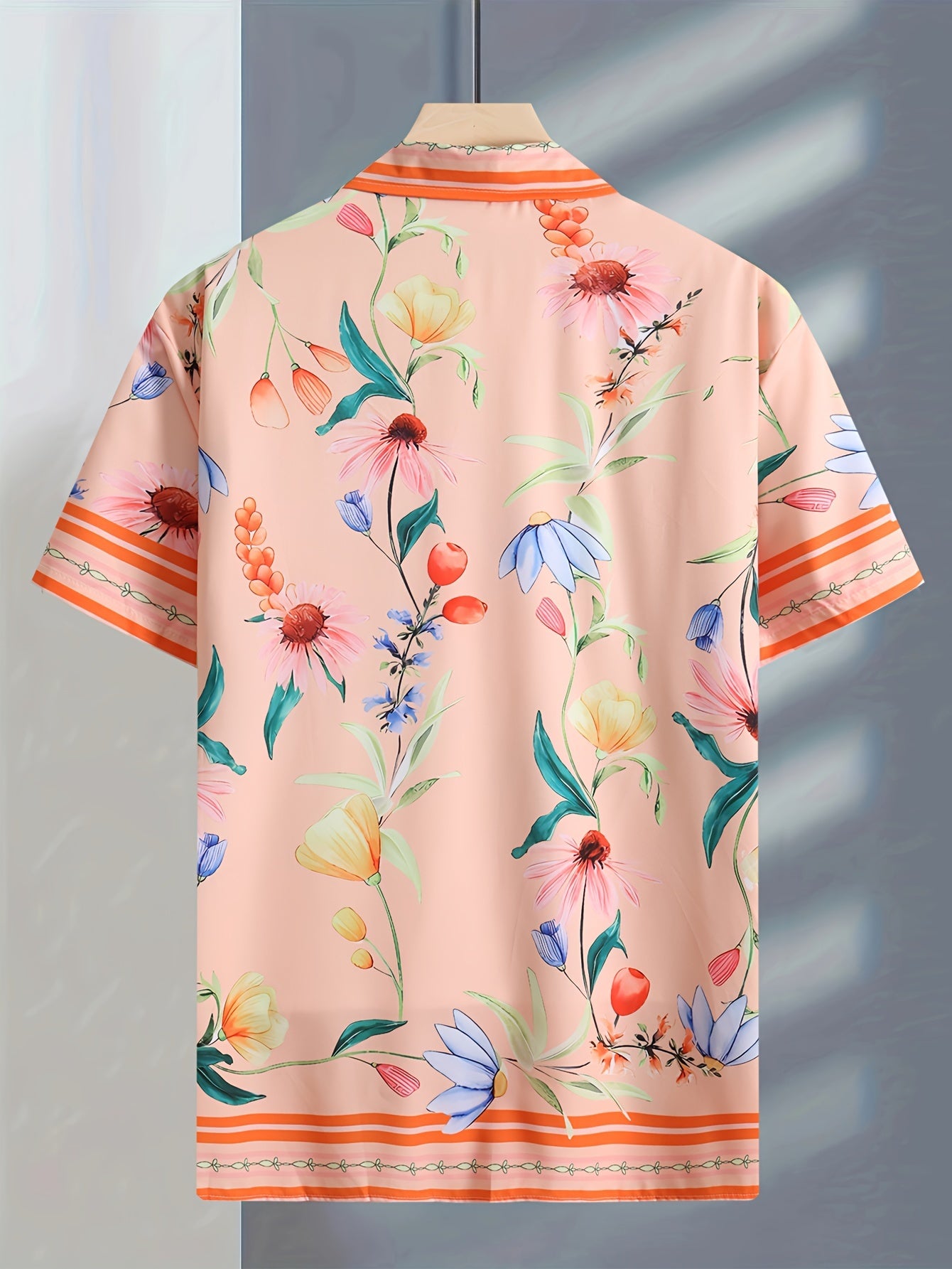 Men's Floral Graphic Pattern And Stripe Print Lapel Shirt With Button Down Placket And Short Sleeve, Fashionable And Chic Tops For Men, Suitable For Summer Leisurewear And Vacation