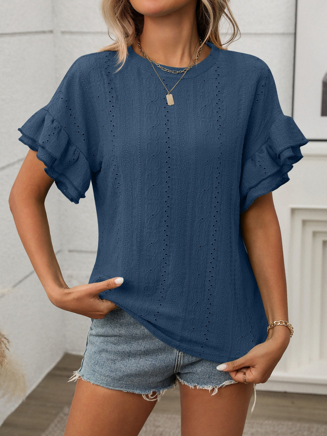Eyelet Round Neck Flounce Sleeve Top - MyEmpired