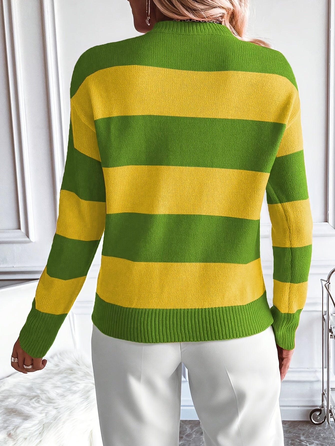 Women's Casual Color Block Striped Knit Sweater - Crew Neck, Long Sleeve Pullover for Fall/Winter