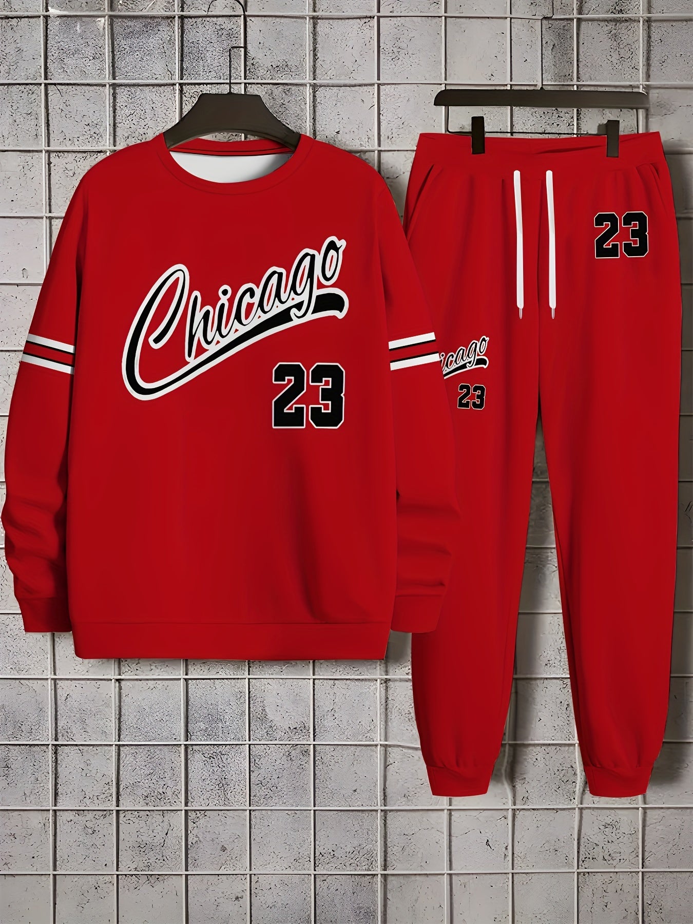 Men's Novelty Outfit Set, Chicago 23 Print, Casual Style, Polyester Knit Sweatshirt and Pants, Long Sleeve, Round Neck, Elastic Fabric, Loose Fit, Novelty Clothing for Men