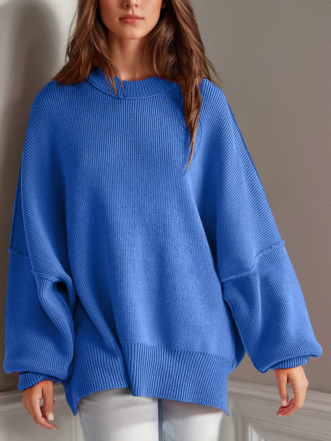 Double Take Side Slit Round Neck Long Sleeve Sweater - MyEmpired
