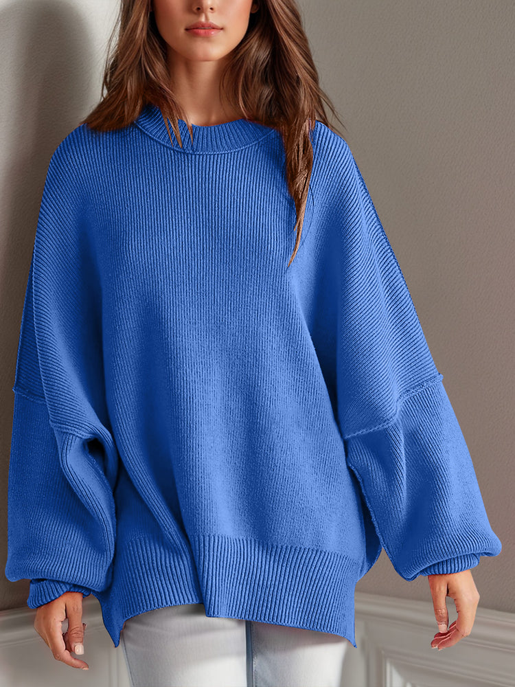 Double Take Side Slit Round Neck Long Sleeve Sweater - MyEmpired