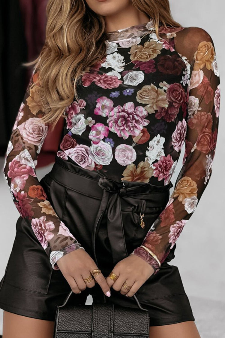 Floral Mock Neck Long Sleeve Mesh Top - MyEmpired