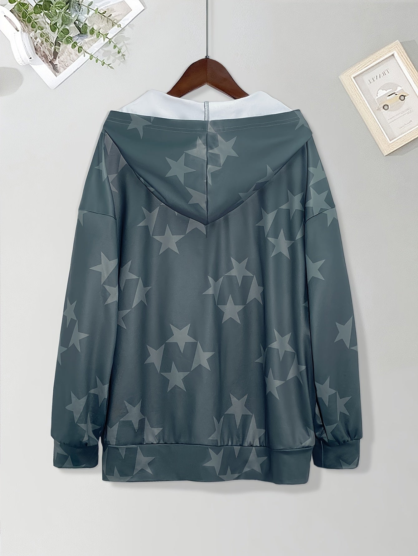 Star Print Zip-up Hoodie Sweatshirt, Y2K Long Sleeve Slant Pockets Jacket For Fall & Winter, Women's Clothing