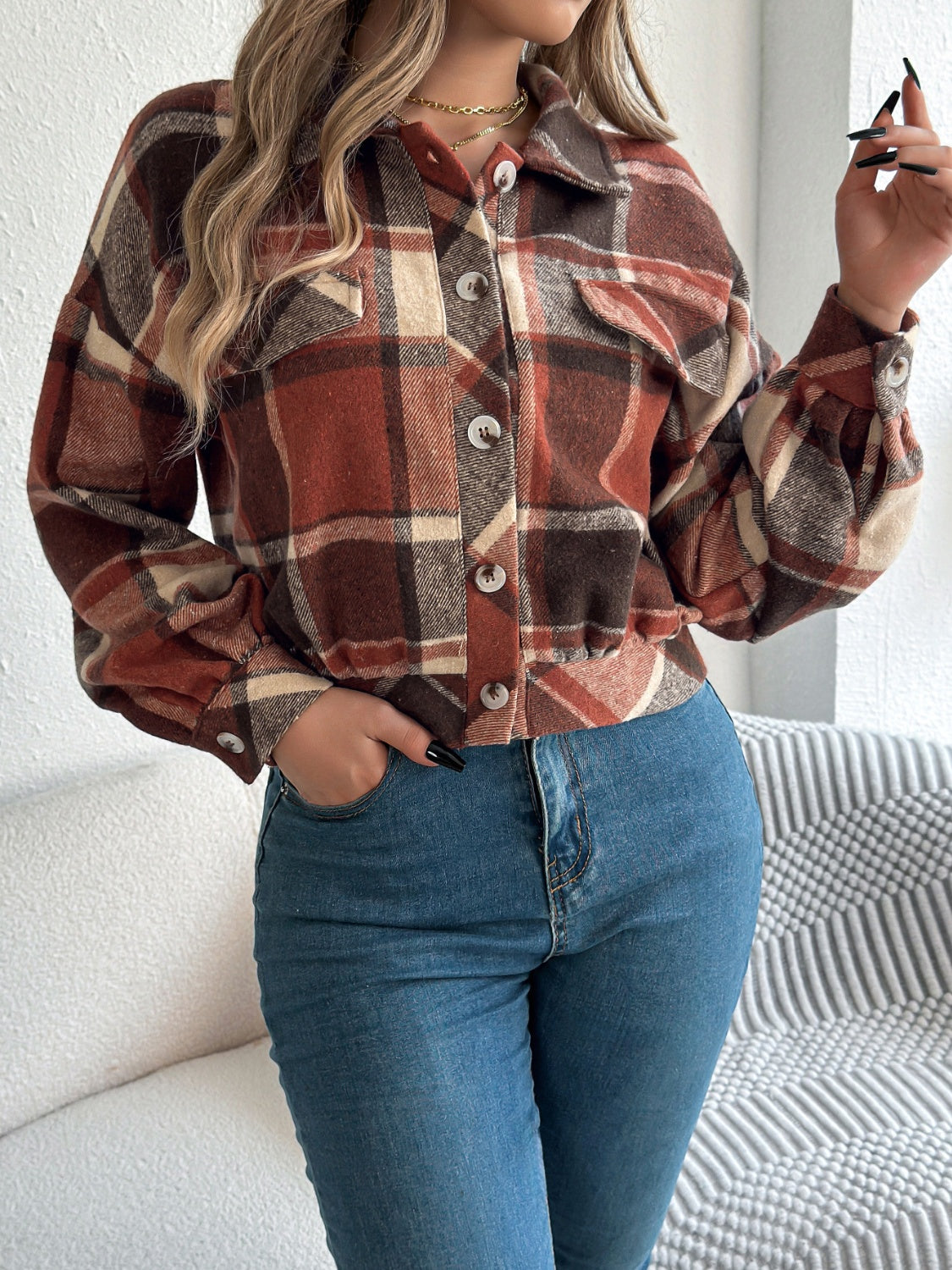 Plaid Button Up Long Sleeve Jacket - MyEmpired
