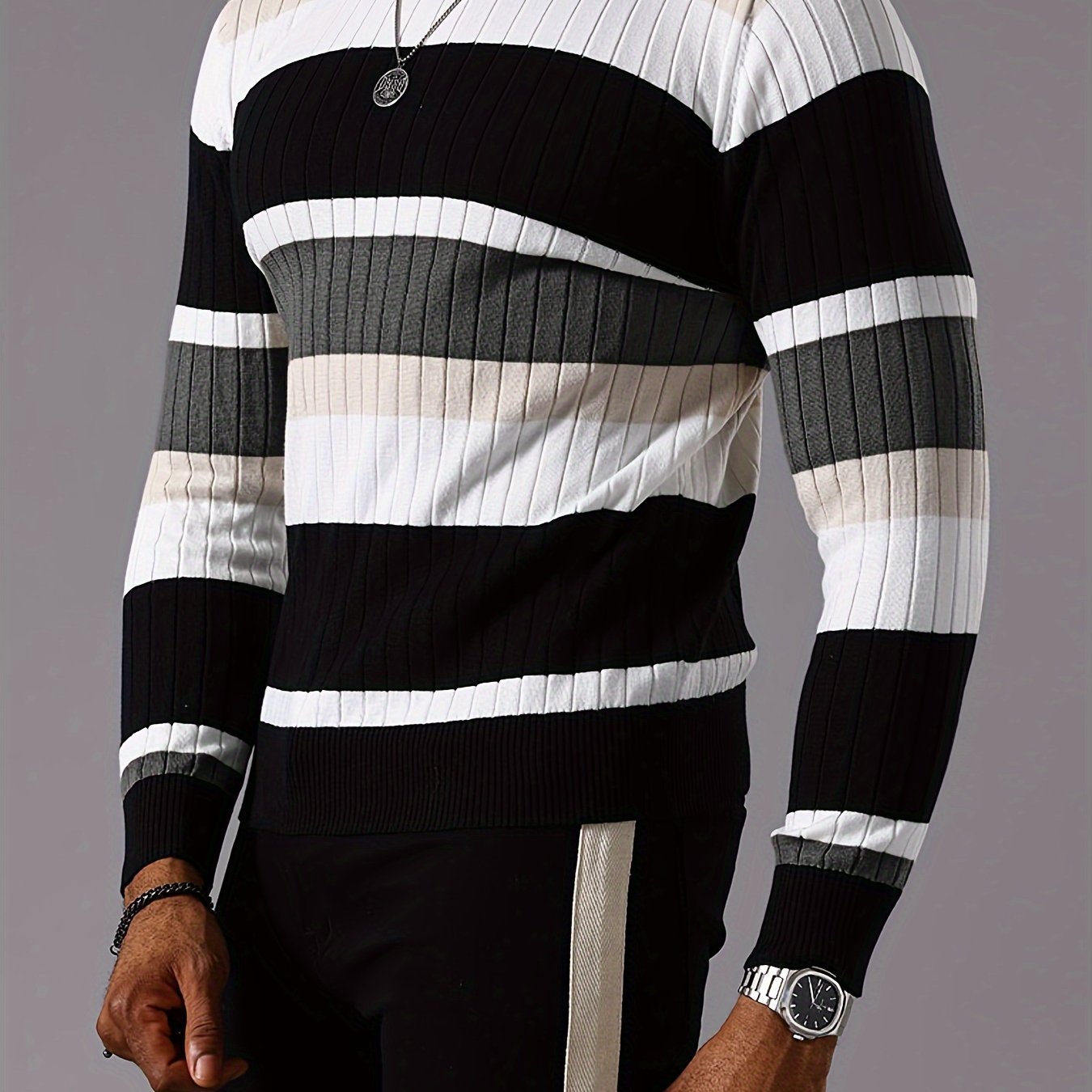 Men's Casual Striped Color Block Long Sleeve Knit Pullover - Round Neck, Machine Washable, Striped, Round Neck, Long Sleeve, Knit Sweater