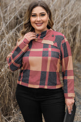 Plus Size Plaid Cowl Neck Long Sleeve Sweatshirt - MyEmpired