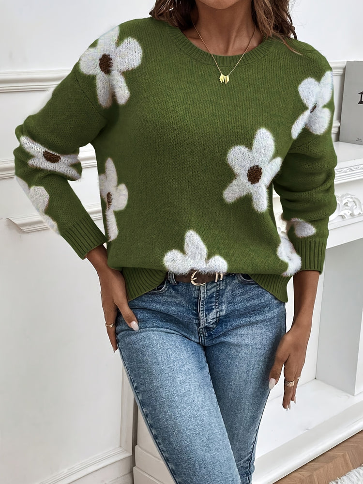 Floral Pattern Crew Neck Sweater, Casual Long Sleeve Sweater For Fall & Winter, Women&