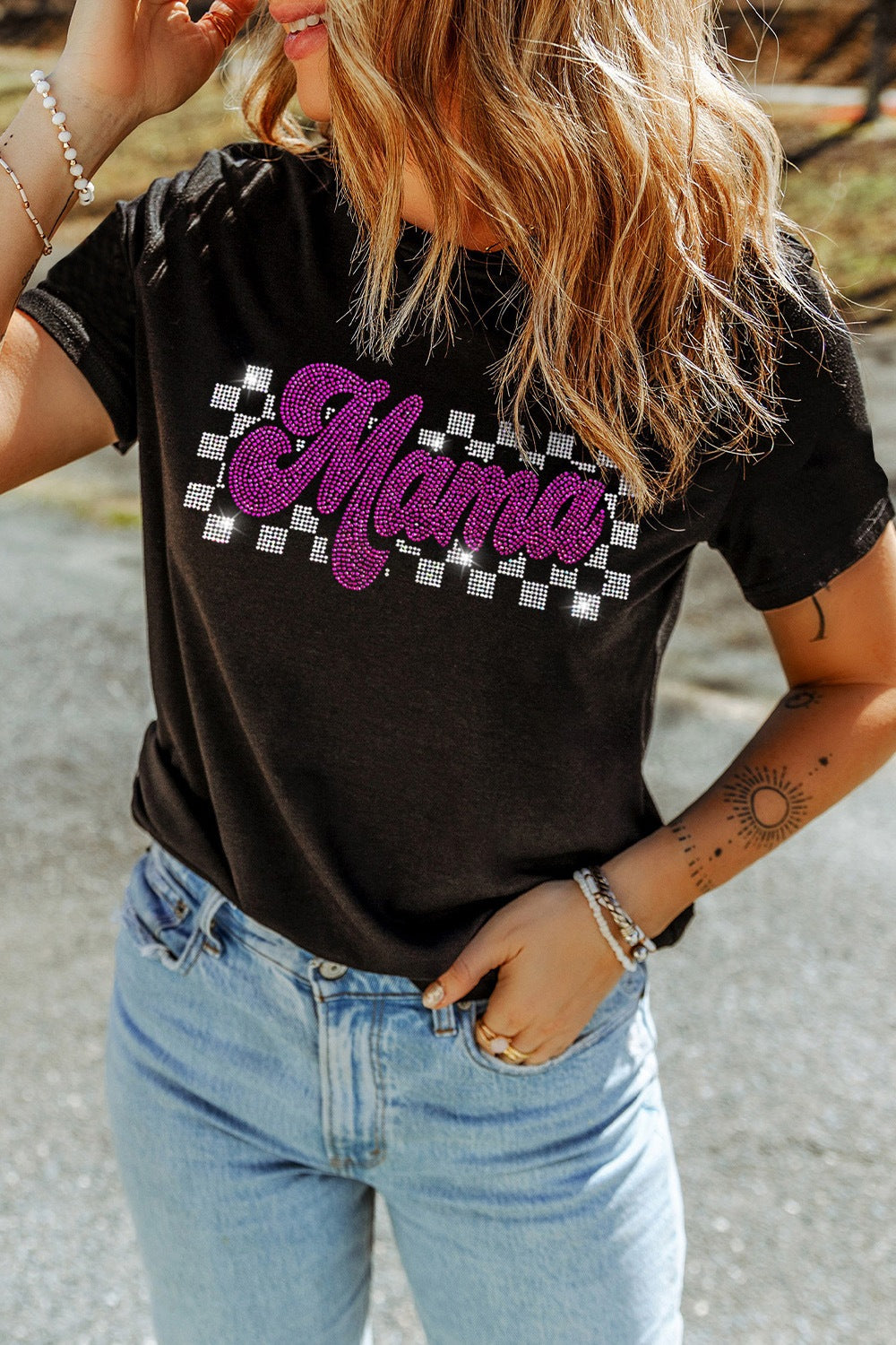 MAMA Rhinestone Letter Round Neck T-Shirt - MyEmpired