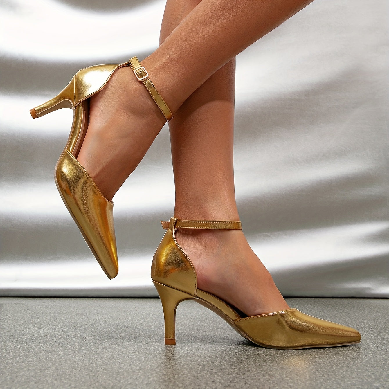 Women's Golden Stiletto Heles, Elegant Point Toe Buckle Strap Pumps, Fashion Dress Heels