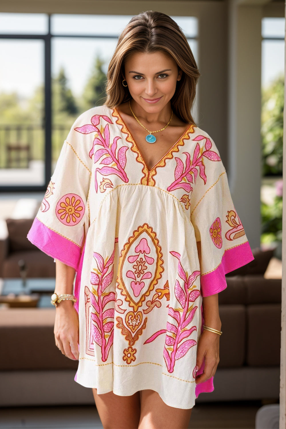 Printed V-Neck Three-Quarter Sleeve Mini Dress - MyEmpired
