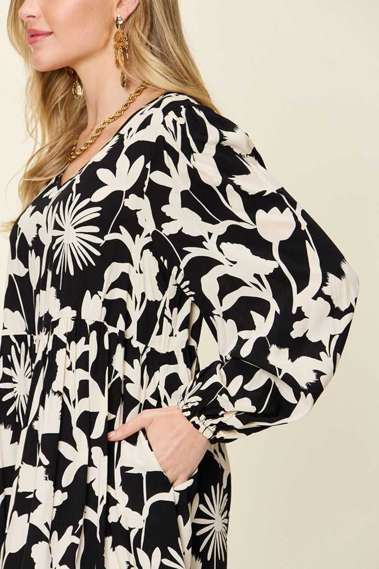 Double Take Full Size Printed Ruffle Hem Dress with Pocket - MyEmpired