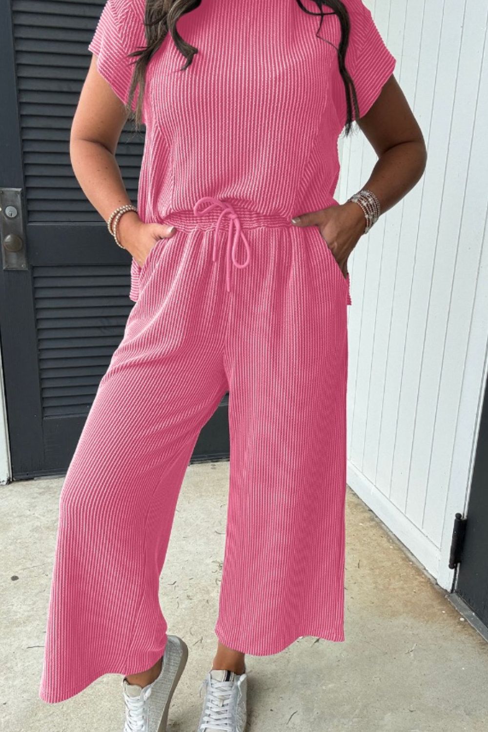 Corded Knit Short Sleeve T-Shirt and Wide Leg Pants Set - MyEmpired