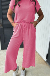 Corded Knit Short Sleeve T-Shirt and Wide Leg Pants Set - MyEmpired