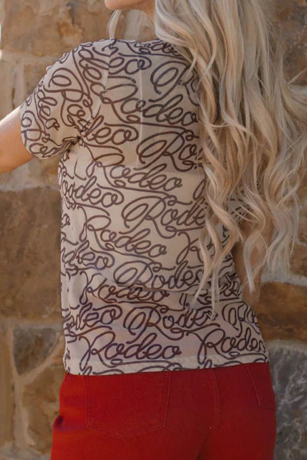 Printed Round Neck Short Sleeve Mesh T-Shirt - MyEmpired