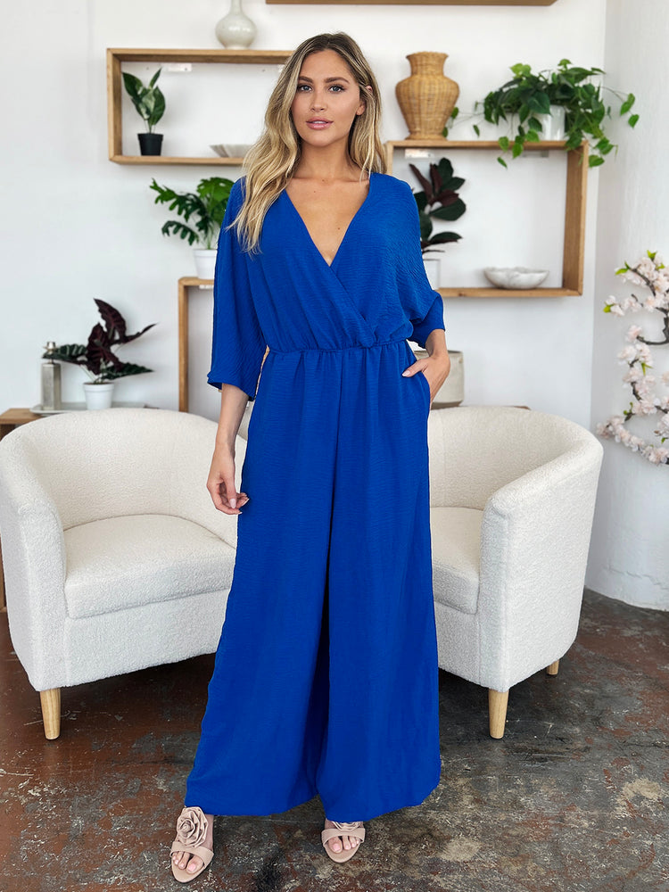 Double Take Full Size Surplice Wide Leg Jumpsuit with Pockets - MyEmpired