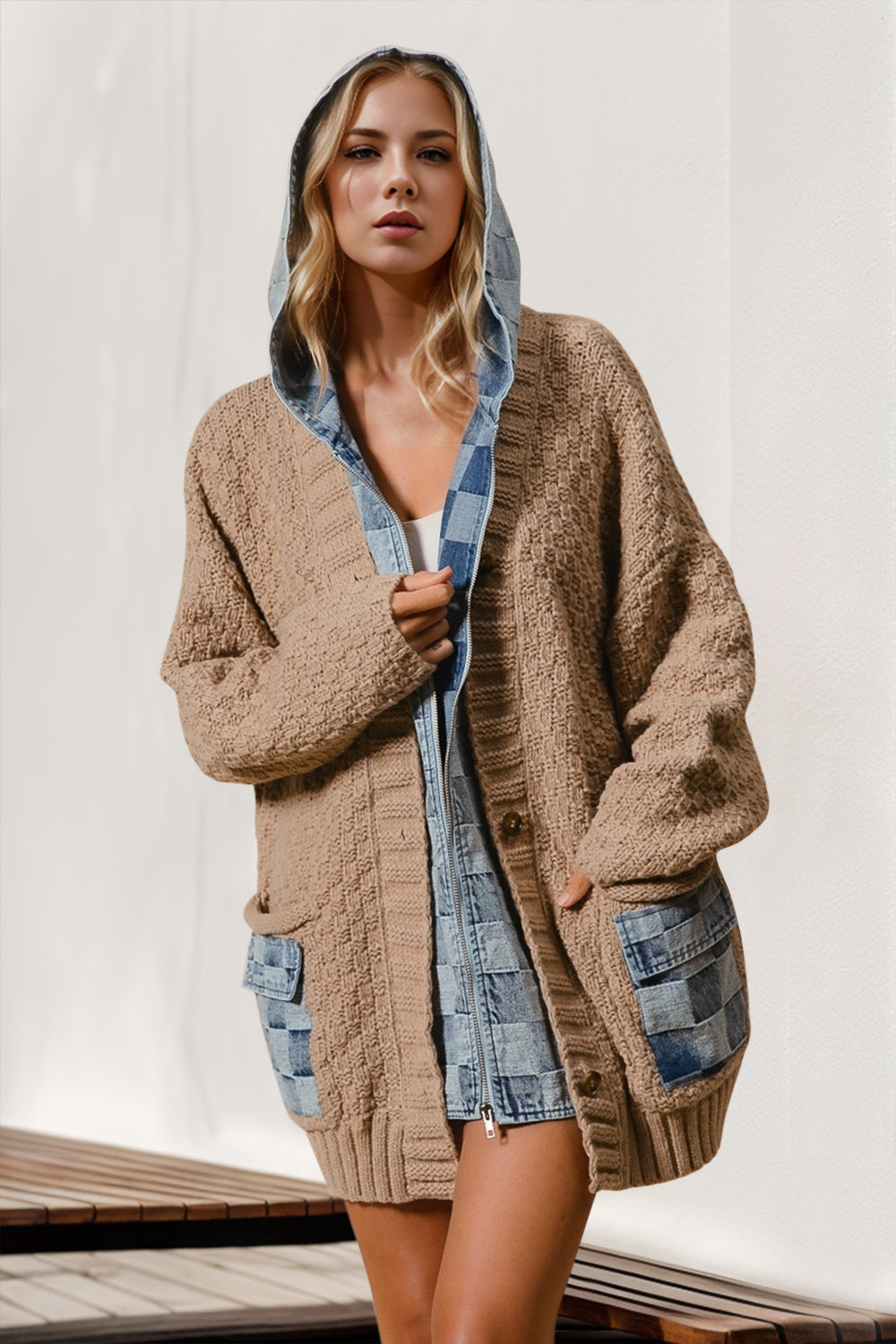 Double Take Full Size Hooded Denim Spliced Sweater Cardigan - MyEmpired