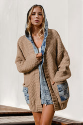 Double Take Full Size Hooded Denim Spliced Sweater Cardigan - MyEmpired
