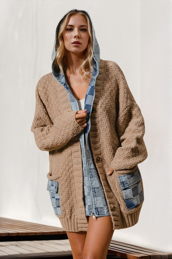 Double Take Full Size Hooded Denim Spliced Sweater Cardigan - MyEmpired