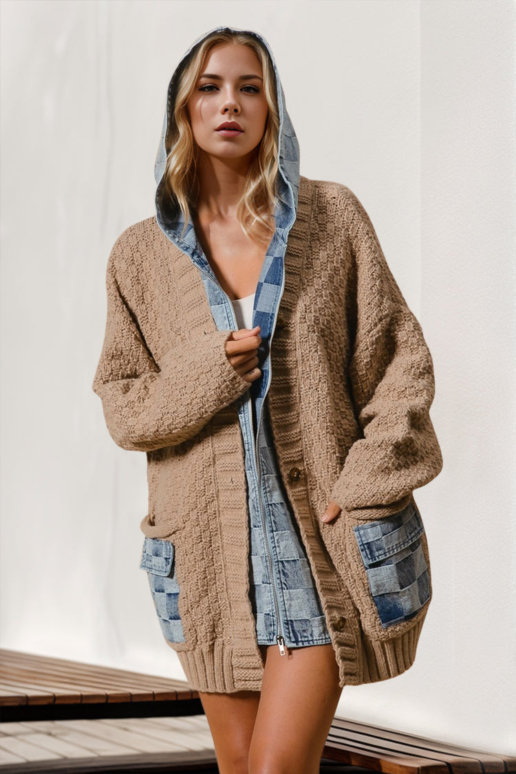 Double Take Full Size Hooded Denim Spliced Sweater Cardigan - MyEmpired