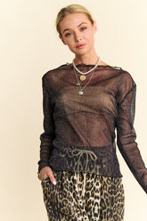 Davi & Dani Glitter Mesh Lettuce Hem Long Sleeve Top - MyEmpired