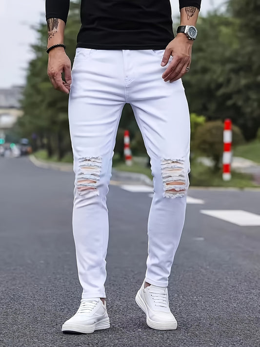 Men's Solid Ripped Denim Pants, Stylish Casual Jeans For Males