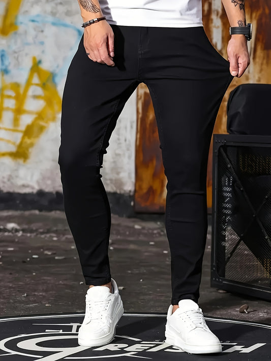 Solid Slim Fit Denim Pants For Males, Stylish Casual Jeans For Men