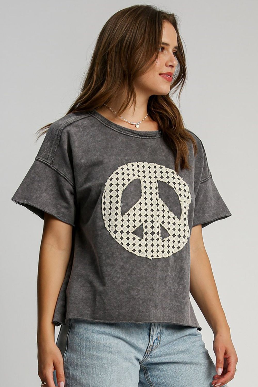 Umgee Full Size Mineral Wash T-Shirt with Lace Applique Plus Size - MyEmpired