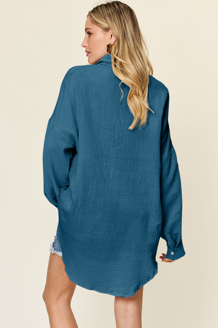 Double Take Full Size Pocketed Texture Button Up Shirt - MyEmpired