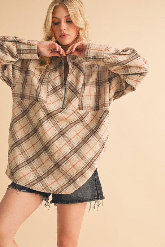 Aemi + Co Slit Plaid Half Zip Drop Shoulder Top - MyEmpired