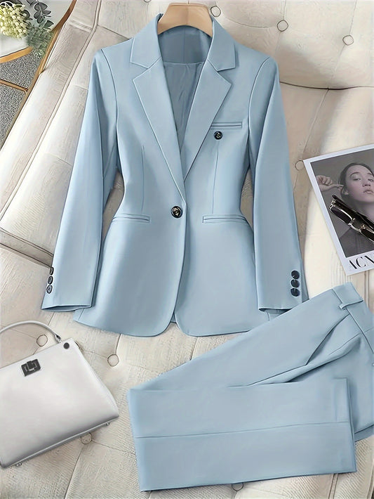 Elegant Women's Long Sleeve Blazer & Pants Set - Polyester, Machine Washable, Solid Color with Button Detail for Fall/Winter